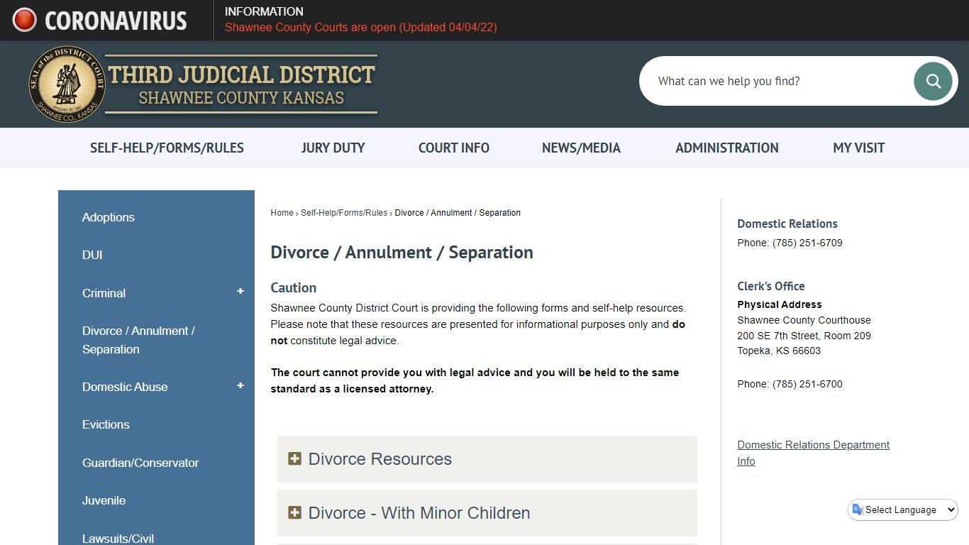 Divorce / Annulment / Separation | Third Judicial District, KS ...