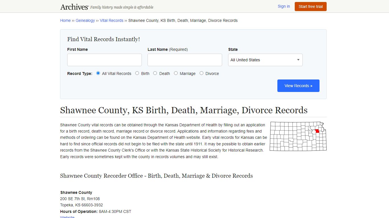 Shawnee County, KS Birth, Death, Marriage, Divorce Records - Archives.com